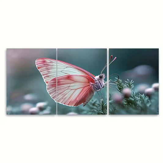 3pcs Pink White Butterfly Delicate Grassy Plants Metal Print Ready to Hang Art