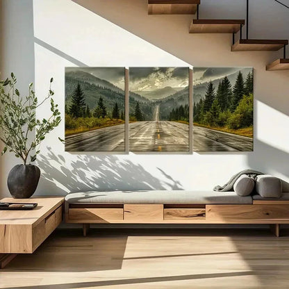 3pcs Mountain Road Cloudy Sky Yellow & White Road Metal Print Ready to Hang Art
