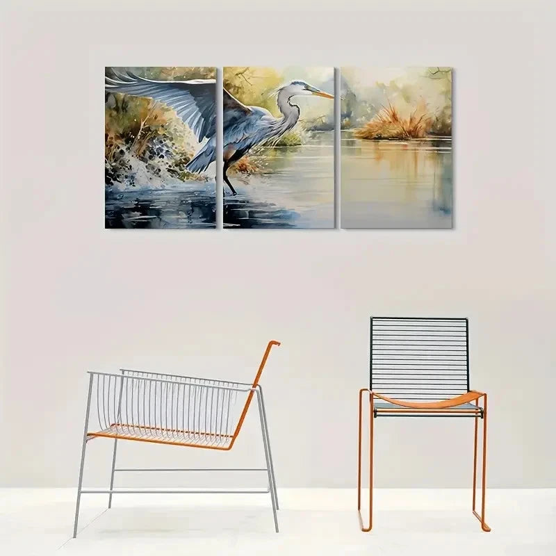 3pcs Watercolor Heron in Flight Metal Print Ready to Hang Art