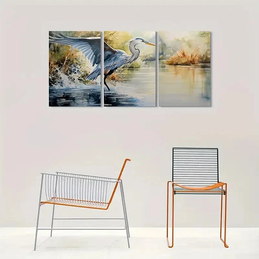 3pcs Watercolor Heron in Flight Metal Print Ready to Hang Art