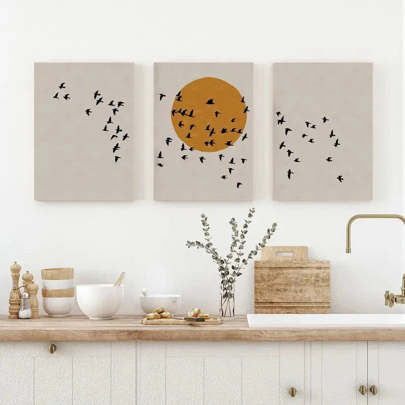 3pcs Flock of Birds Silhouette and Sunrise Metal Print Ready to Hang Art
