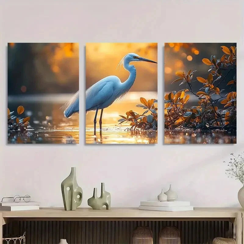 3pcs Quiet Egret Painting Crane On River Metal Print Ready to Hang Art