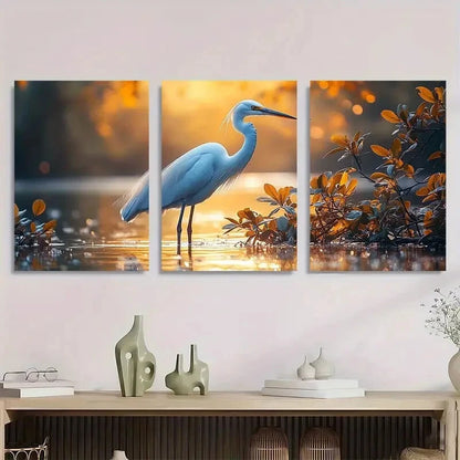 3pcs Quiet Egret Painting Crane On River Metal Print Ready to Hang Art