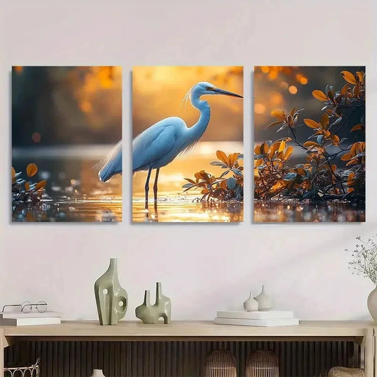 3pcs Quiet Egret Painting Crane On River Metal Print Ready to Hang Art
