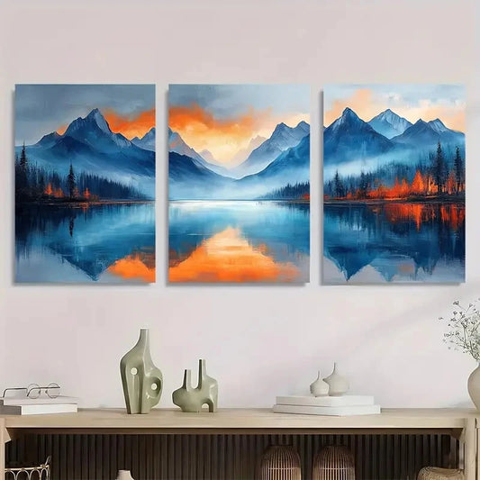 3pcs Modern Abstract Mountain Lake Metal Print Ready to Hang Art
