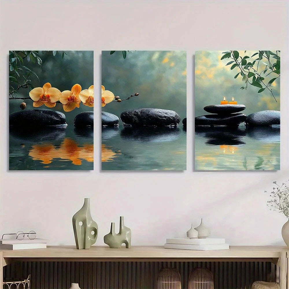 3pcs Serene Water Reflection Stones and Candles Metal Print Ready to Hang Art
