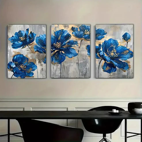 3pcs Blue Flowers With Freckles Of Gold Wall Art Set Canvas Unframed - High Quality Print 100% Australian Made Wall Canvas