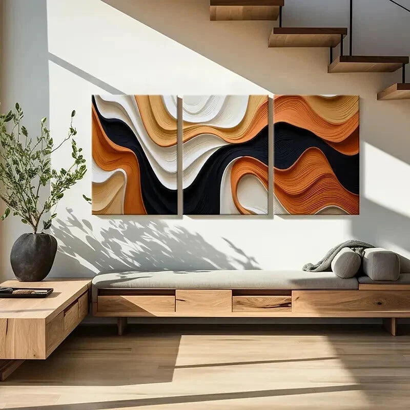 3pcs Wavy Patterns in Black White Orange & Beige Wall Art Set Canvas Framed 40x60cm - High Quality Print 100% Australian Made Wall Canvas Ready to Hang