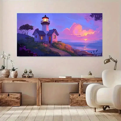 Vibrant Sunset Lighthouse wall canvas office home room framed 120x60cm - Bella Home Decor