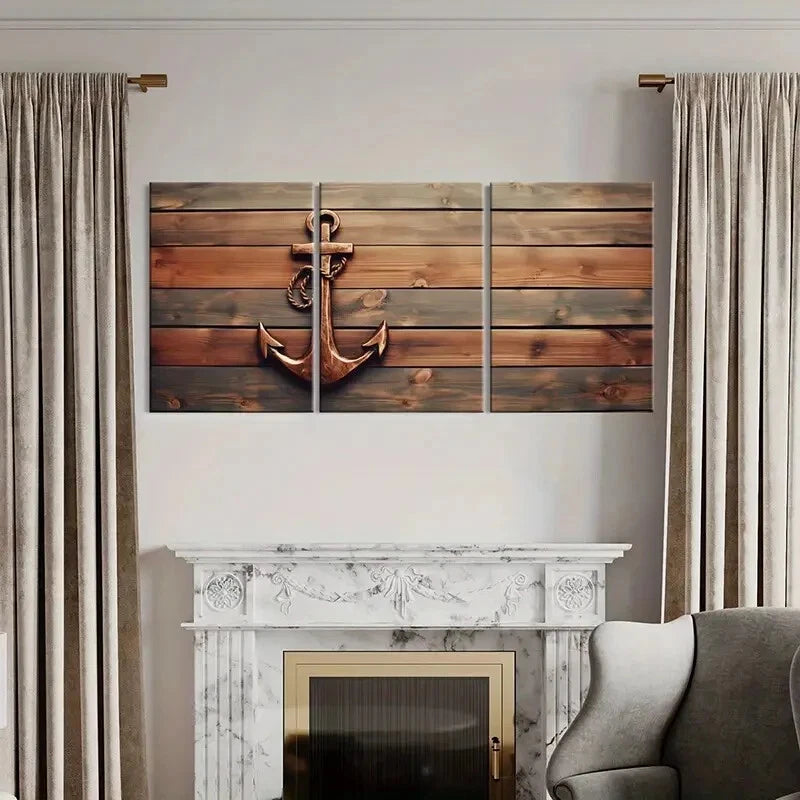 3pcs Coastal Nautical Anchor Wooden Metal Print Ready to Hang Art
