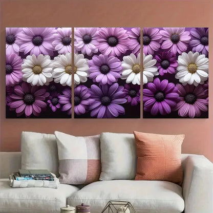 3pcs Elegant Marguerite Daisy Purple and White Metal Print Ready to Hang Art