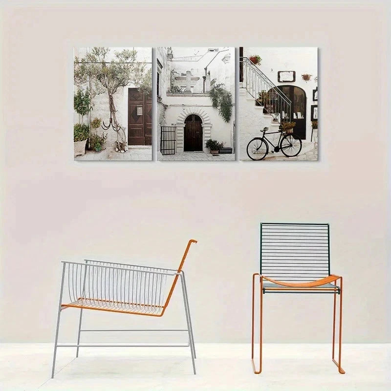 3pcs Vintage European Street Scene Bicycle Metal Print Ready to Hang Art