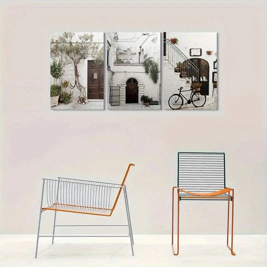 3pcs Vintage European Street Scene Bicycle Metal Print Ready to Hang Art