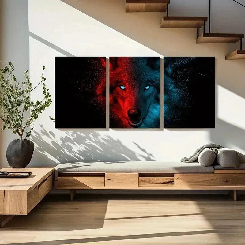 3pcs Dark style Red And Blue Wolf Animal Wall Art Set Canvas Framed 40x60cm - High Quality Print 100% Australian Made Wall Canvas Ready to Hang