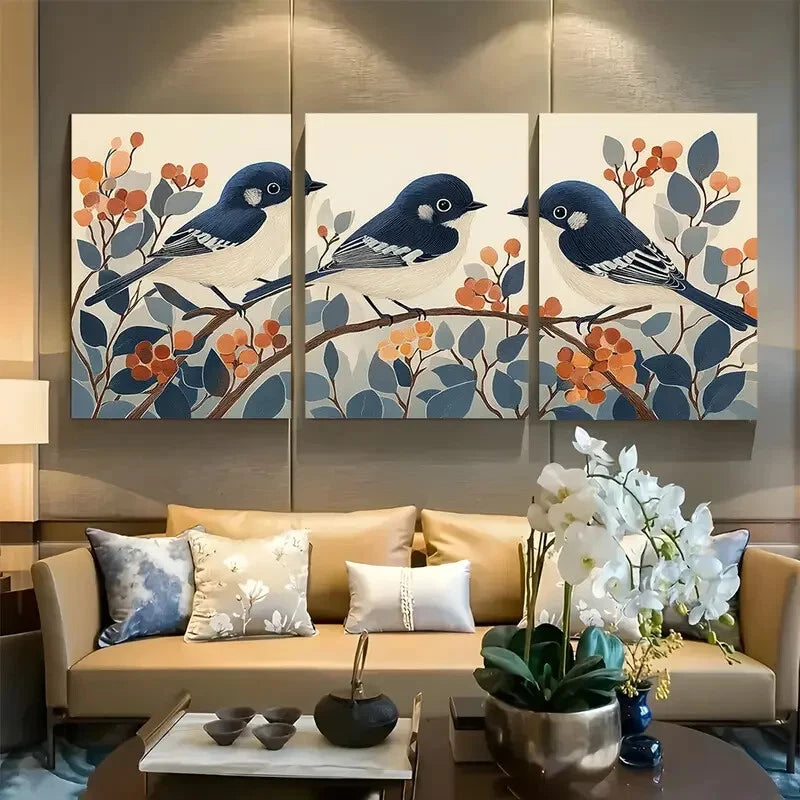 3pcs Linocut Bird Scandinavian Metal Print Ready to Hang Art