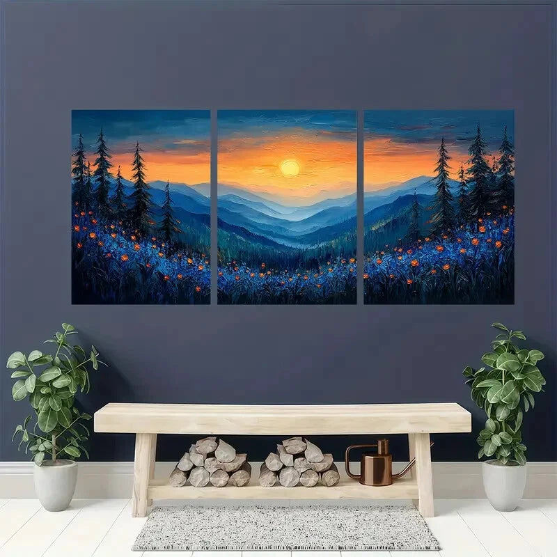 3pcs Oil Painting Texture Blue Landscape Metal Print Ready to Hang Art