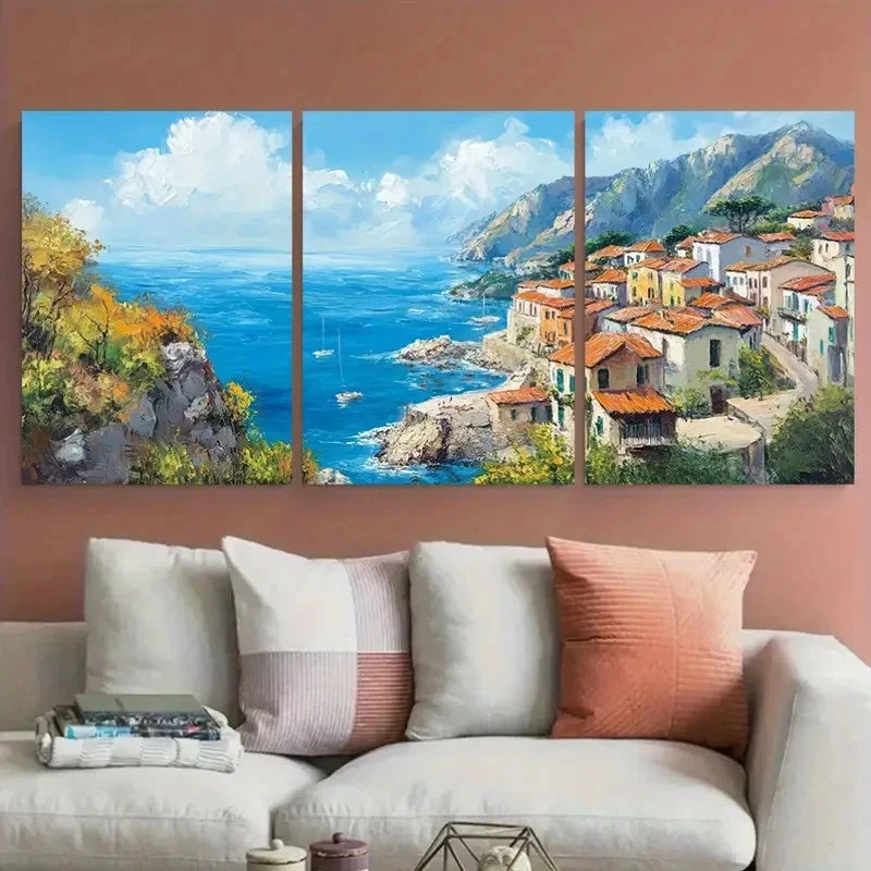 3pcs Coastal Town Mediterranean Seaside Wall Art Set Canvas Framed 40x60cm - High Quality Print 100% Australian Made Wall Canvas Ready to Hang