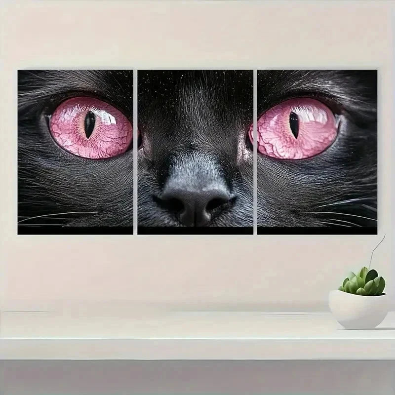 3pcs Pink Eyes on Black Cat Metal Print Ready to Hang Art