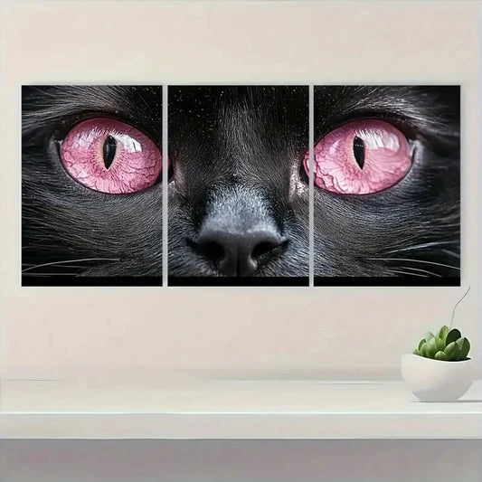 3pcs Pink Eyes on Black Cat Metal Print Ready to Hang Art