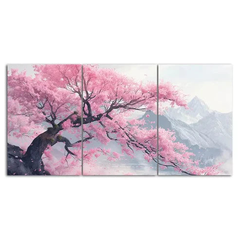Cherry Blossom Tree Mountain Scenery 3 Piece Canvas Framed 60x90cm - High Quality Print 100% Australian Made Wall Canvas Ready to Hang