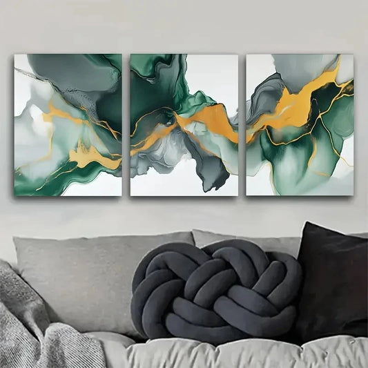 3pcs Green Gray and Golden Fluid Design Metal Print Ready to Hang Art