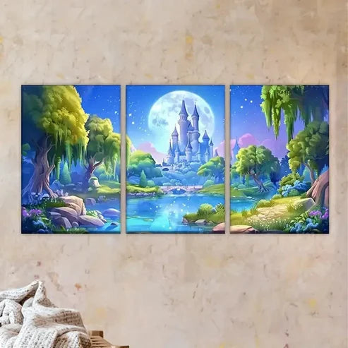 3pcs Forest Castle Scene with Moonlit Sky  Wall Art Set Canvas Unframed - High Quality Print 100% Australian Made Wall Canvas - Bella Home Decor