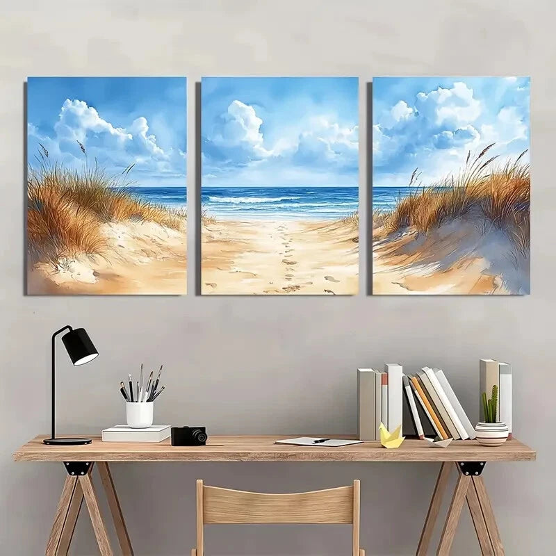 3pcs Sand Beach Painting Seascape Watercolor Metal Print Ready to Hang Art