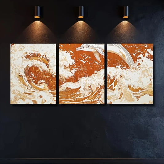 3pcs Summer Dolphins Breaching Waves Metal Print Ready to Hang Art