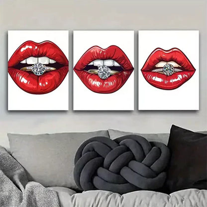 3pcs Glamorous Red Lips with Diamond Ring Wall Art Set Wall Art Canvas Unframed - High Quality Print 100% Australian Made Wall Canvas