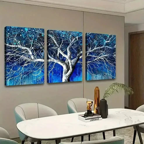 3pcs Blue Tree White Branches Canvas Framed 60x90cm - High Quality Print 100% Australian Made Wall Canvas Ready to Hang