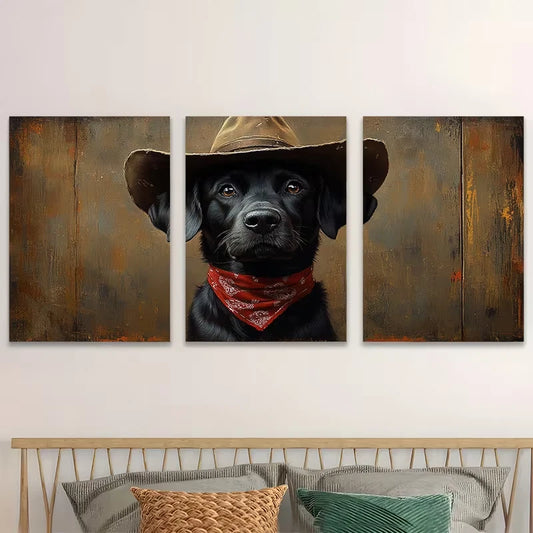 3pcs Western Cowboy Black Labrador  Wall Art Set Canvas Framed 60x90cm - High Quality Print 100% Australian Made Wall Canvas Ready to Hang