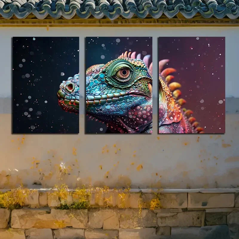3pcs Colorful Chameleon Closeup View Illustration Metal Print Ready to Hang Art