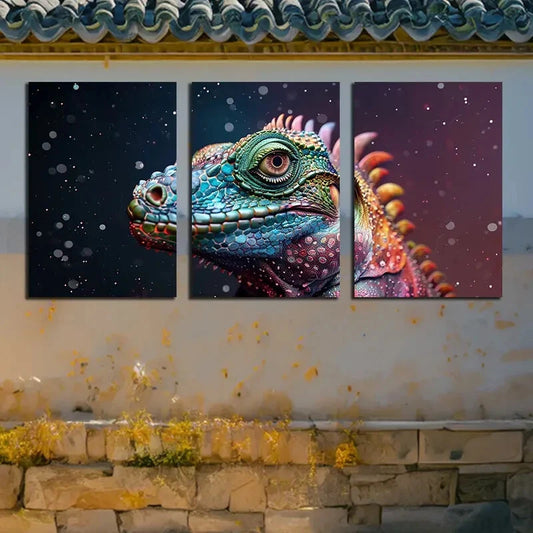 3pcs Colorful Chameleon Closeup View Illustration Metal Print Ready to Hang Art