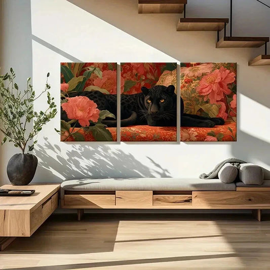 3pcs Black Panther Floral Background Luxurious Metal Print Ready to Hang Art