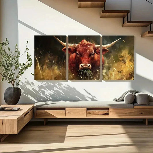 3pcs Cattle Bull Animal Landscape Golden Metal Print Ready to Hang Art