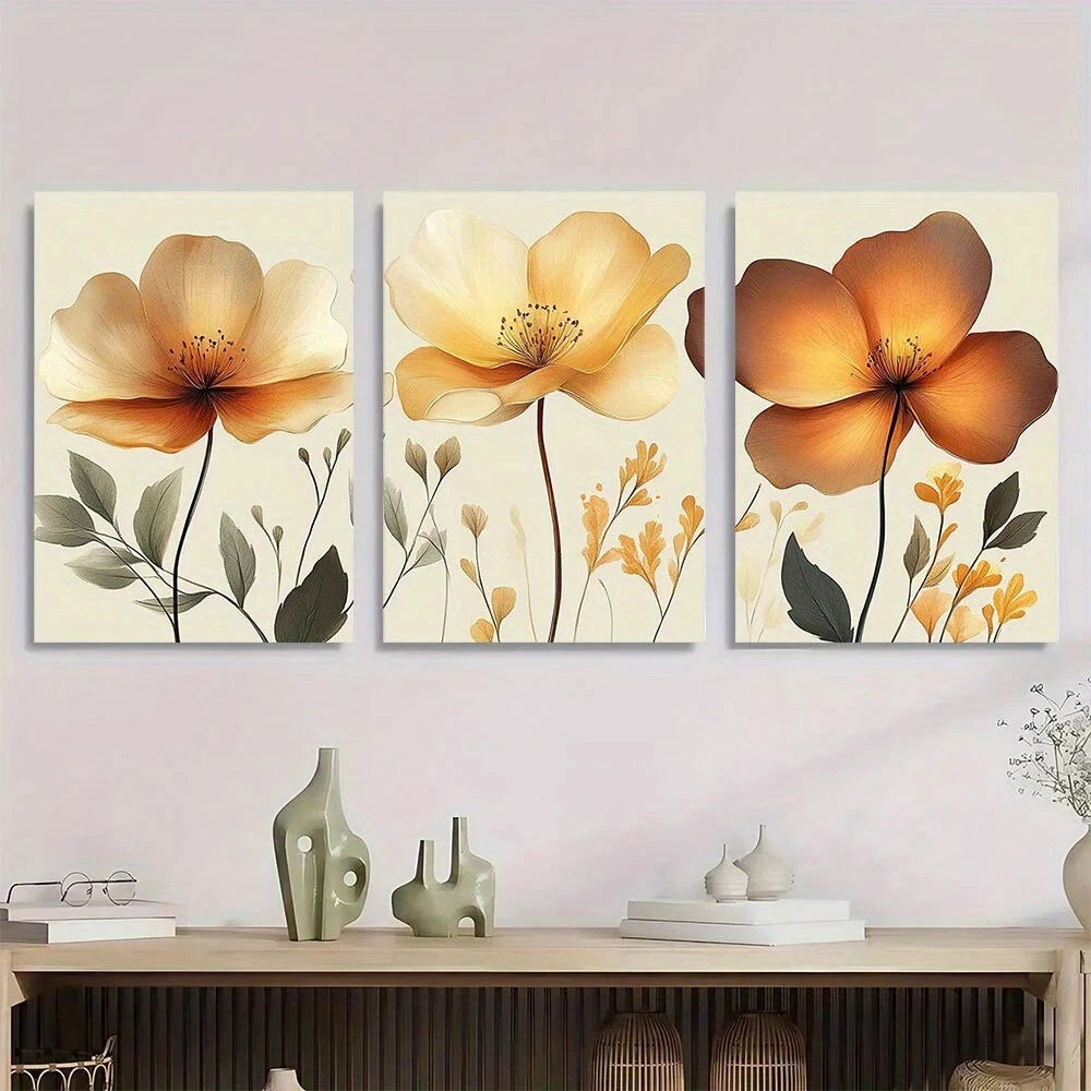 3pcs Elegant Golden Floral Green Leaves Metal Print Ready to Hang Art