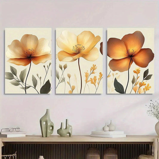 3pcs Elegant Golden Floral Green Leaves Metal Print Ready to Hang Art