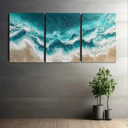 3pcs Ocean Waves Rendered In Hyper Wall Art Set Canvas Framed 50x70cm - High Quality Print 100% Australian Made Wall Canvas Ready to Hang