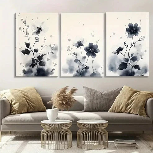 3pcs Elegant Black and White Floral Perfect Wall Art Canvas Unframed - High Quality Print 100% Australian Made Wall Canvas