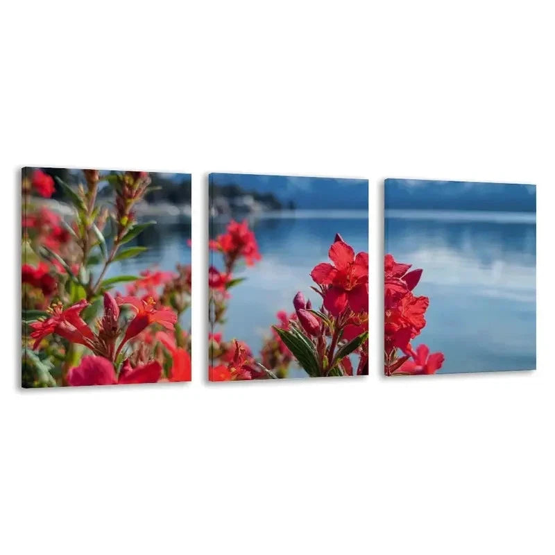 3pcs Vibrant Red Blooms Near Calm Blue Lake   Wall Art Set Canvas Framed 60x90cm - High Quality Print 100% Australian Made Wall Canvas Ready to Hang