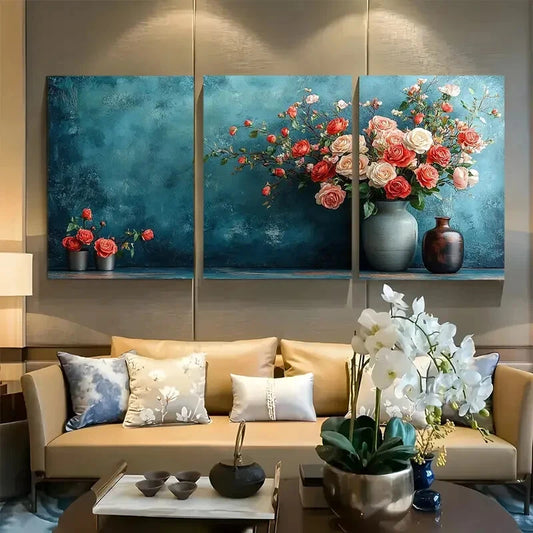 3pcs Romantic with Vase of Roses Metal Print Ready to Hang Art