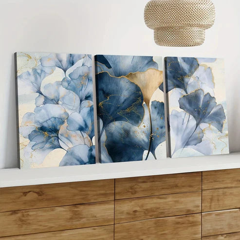 3pcs Blue Botanical Blue Leaves Abstract Wall Art Set Canvas Unframed - High Quality Print 100% Australian Made Wall Canvas
