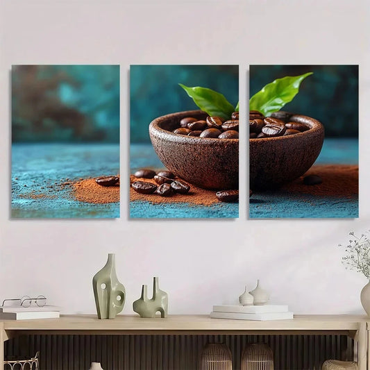 3pcs Vibrant Coffee Bean Green Leaves Metal Print Ready to Hang Art