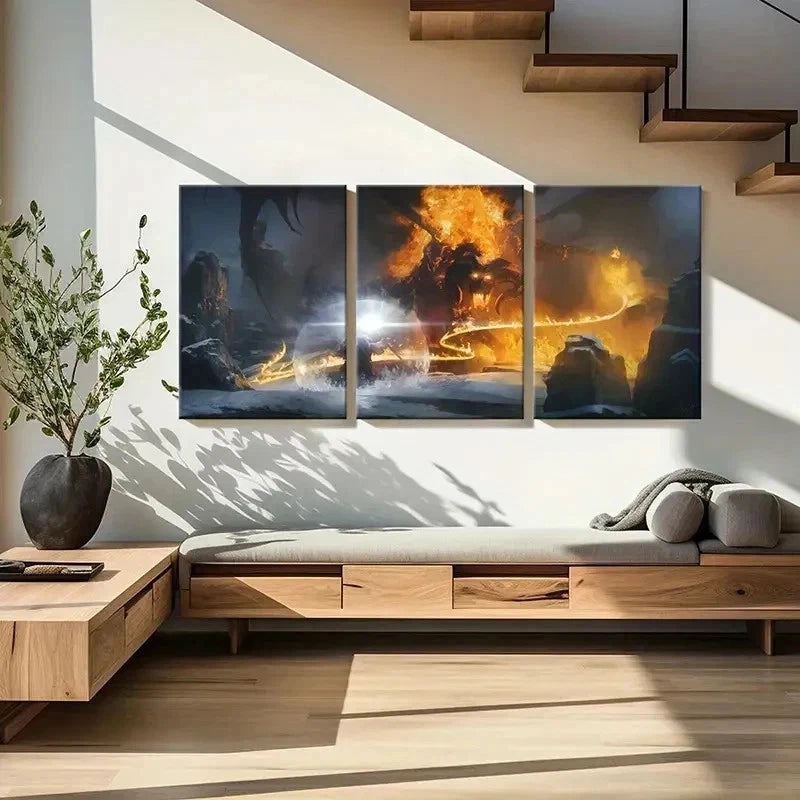 3pcs Middle-Earth Wizard & Fire Monster Wall Art Set Canvas Framed 40x60cm - High Quality Print 100% Australian Made Wall Canvas Ready to Hang