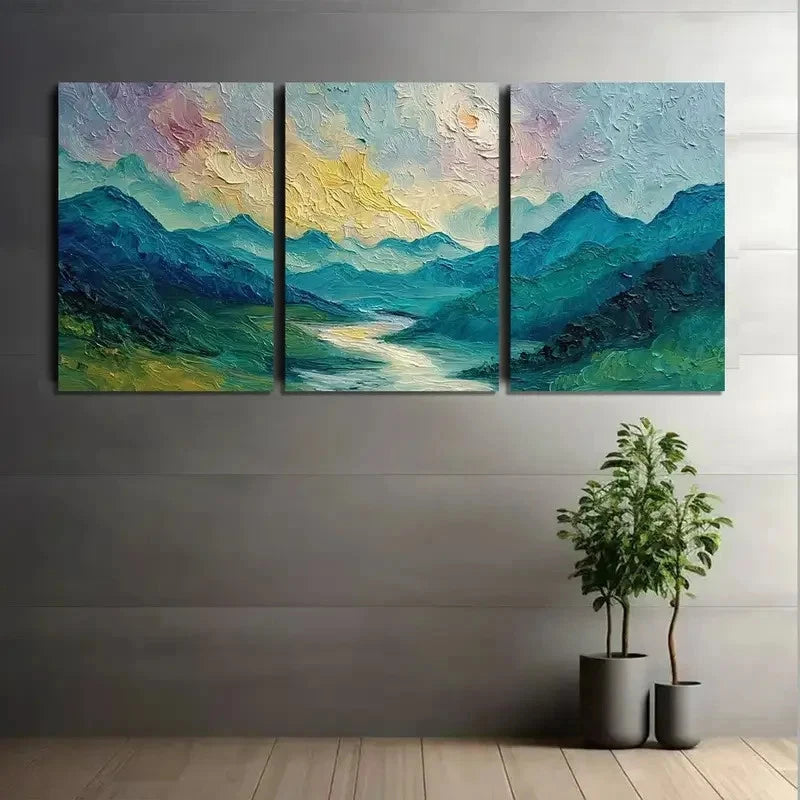 3pcs Mountain and River Landscape Painting Metal Print Ready to Hang Art