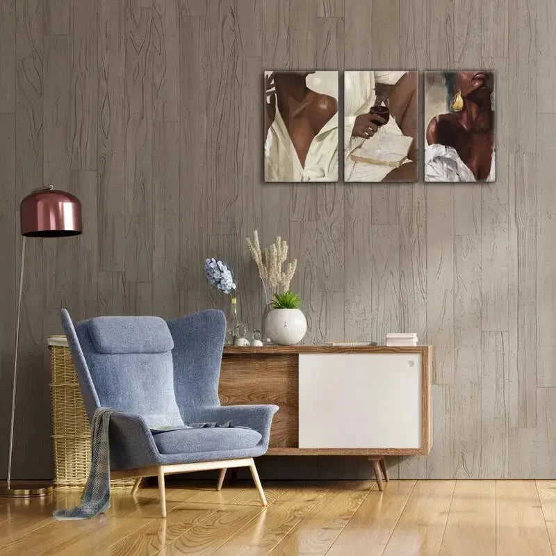 3pcs White Dress Wine And Books, Black Woman Metal Print Ready to Hang Art
