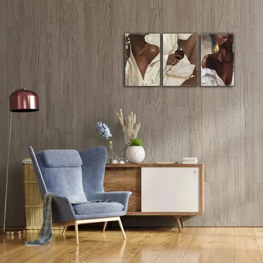 3pcs White Dress Wine And Books, Black Woman Metal Print Ready to Hang Art