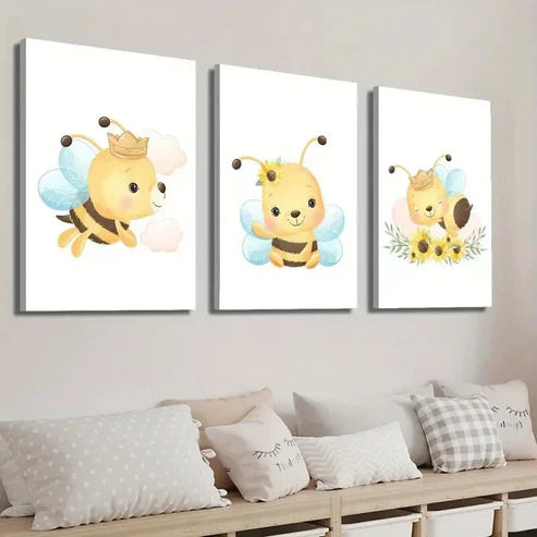 3pcs Cartoon Bees Flowers & Butterflies Wall Art Set Canvas Unframed - High Quality Print 100% Australian Made Wall Canvas