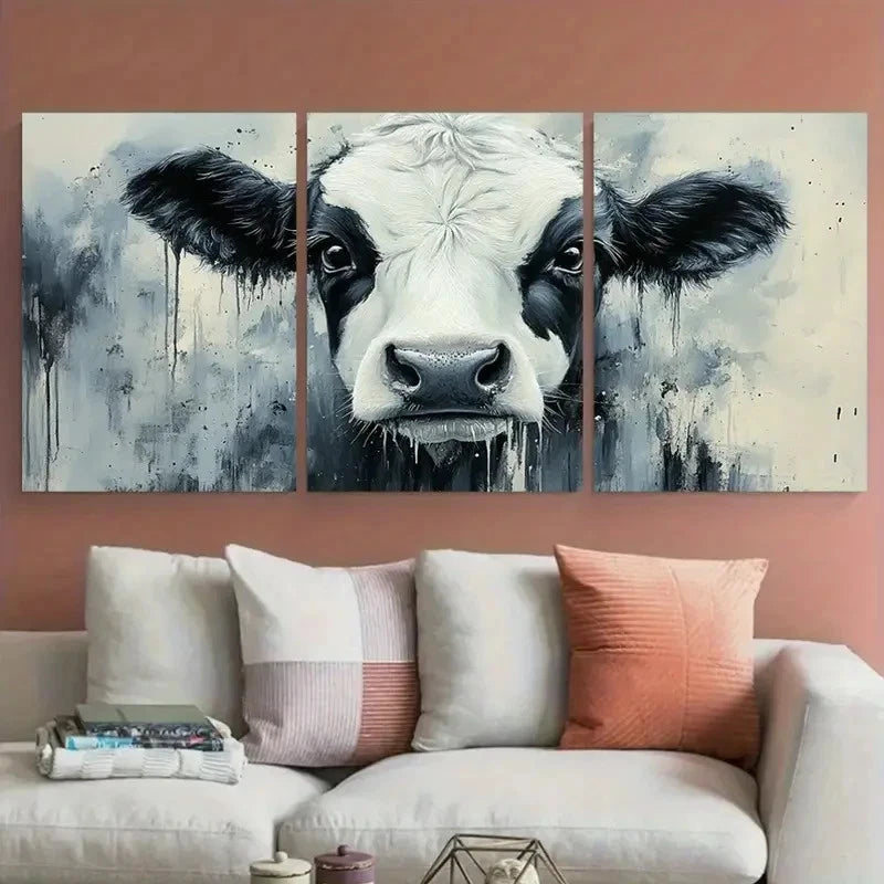 3pcs Black and White Cow Watercolor Design Metal Print Ready to Hang Art