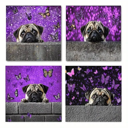 4pcs Cute pugs and butterfliesWall Art Canvas Framed